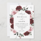 Burgundy & Blush Roze 6 Bloemen Huwelijk Kaart (Voorkant)