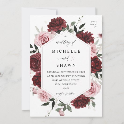 Burgundy & Blush Roze 6 Bloemen Huwelijk Kaart (Voorkant)