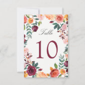 Burgundy Blush Roze Bloemen Trouwtafel Nummer Kaart (Voorkant)