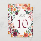 Burgundy Blush Roze Bloemen Trouwtafel Nummer Kaart (Voorkant / Achterkant)