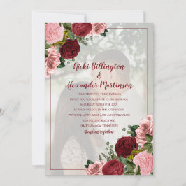 Burgundy Blush Roze Bloemige Trouwfoto Kaart