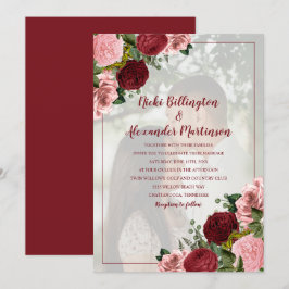 Burgundy Blush Roze Bloemige Trouwfoto Kaart