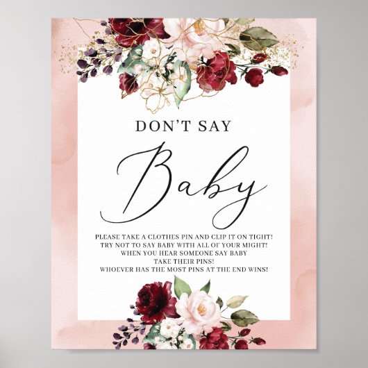 Burgundy blush roze floral don't say baby sign poster (Voorkant)