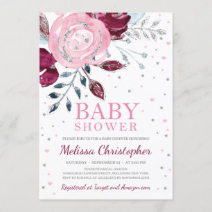 Burgundy blush roze floral Silver baby Kaart