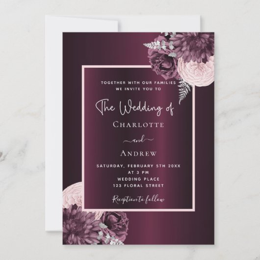 Burgundy blush roze florale elegant bruiloft kaart (Voorkant)