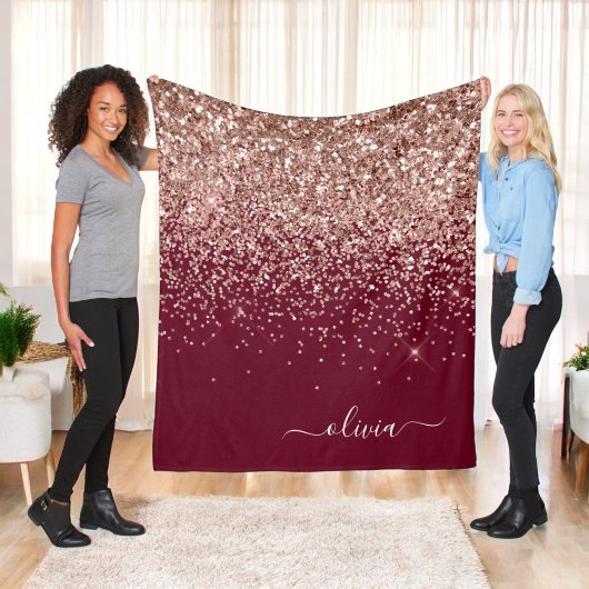 Burgundy Blush Roze Gouden Glitter Monogram Fleece Deken