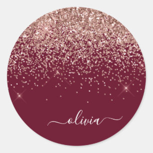 Burgundy Blush Roze Gouden Glitter Monogram Ronde Sticker