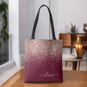 Burgundy Blush Roze Gouden Glitter Monogram Tote Bag