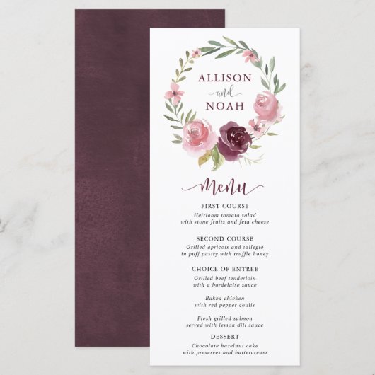 Burgundy blush roze waterverf bruiloft menu (Voorkant / Achterkant)