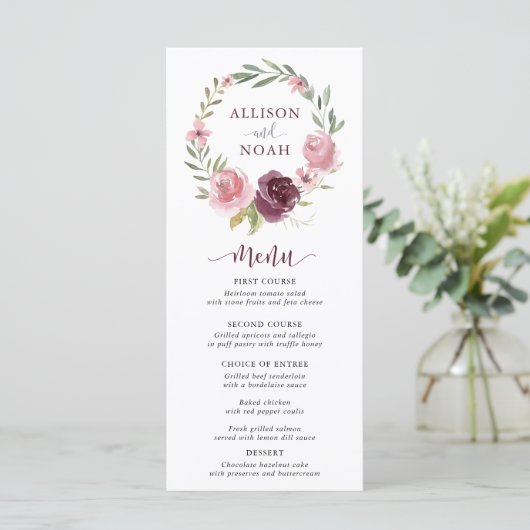 Burgundy blush roze waterverf bruiloft menu (Staand voorkant)