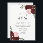 Burgundy Blush Rozen 40th Birthday Party Kaart<br><div class="desc">Burgundy Blush Rozen 40th Birthday Party Invitation Zie passend collectie in winkel</div>