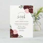 Burgundy Blush Rozen 50th Birthday Party Kaart (Staand voorkant)