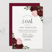 Burgundy Blush Rozen 50th Birthday Party Kaart (Voorkant / Achterkant)