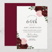 Burgundy Blush Rozen 60th Birthday Party Kaart (Voorkant / Achterkant)
