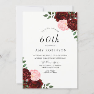 Burgundy Blush Rozen 60th Birthday Party Kaart
