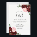 Burgundy Blush Rozen 80th Birthday Party Kaart<br><div class="desc">Burgundy Blush Rozen 80th Birthday Party Invitation Zie passend collectie in winkel</div>