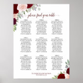 Burgundy Blush Rozen 9 Table Wedding Seating Chart Poster (Voorkant)