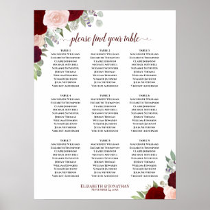 Burgundy Blush Rozen 9 Table Wedding Seating Chart Poster