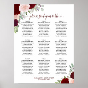 Burgundy Blush Rozen 9 Tafel Trouw Bruiloft Zitpla Poster