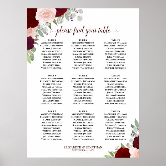 Burgundy Blush Rozen 9 Tafel Trouw Bruiloft Zitpla Poster (Voorkant)