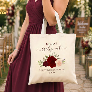 Burgundy & Blush Rozen Bruidsmeisje Huwelijks Cade Tote Bag