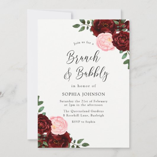 Burgundy Blush Rozen Brunch & Bubble Vrijgezellenf Kaart (Voorkant)