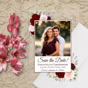 Burgundy Blush Rozen Huwelijk Save the Date Foto Acryl Uitnodigingen