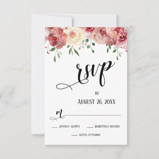 Burgundy & Blush Rozen, Huwelijk Script RSVP Kaart (Voorkant)