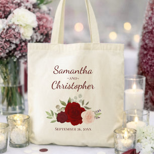 Burgundy & Blush Rozen Huwelijksnamen Trouwfeest Tote Bag