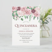 Burgundy & Blush Rozen Quinceanera Party Invite Kaart (Staand voorkant)