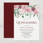 Burgundy & Blush Rozen Quinceanera Party Invite Kaart (Voorkant / Achterkant)