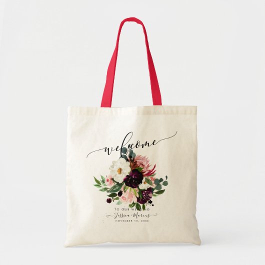 Burgundy+Blush Rozen, Waterverf Flowers Welkom Tote Bag (Voorkant)