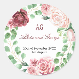 Burgundy Blush Rozen Wreath Monogrammed Wedding Ronde Sticker