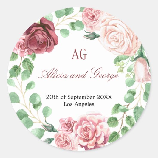 Burgundy Blush Rozen Wreath Monogrammed Wedding Ronde Sticker (Voorkant)