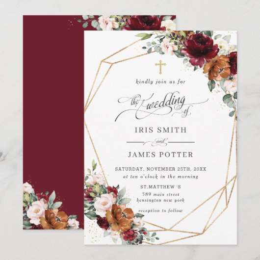 Burgundy Blush Rust Orange Floral Church Wedding   Kaart (Voorkant / Achterkant)