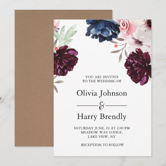 Burgundy Blush Rustic Kraft Floral Wedding Kaart (Voorkant / Achterkant)