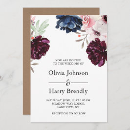 Burgundy Blush Rustic Kraft Floral Wedding Kaart