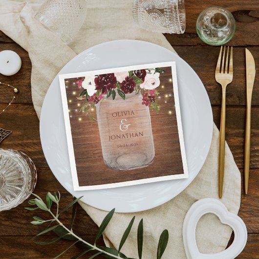 Burgundy Blush Rustic Mason Jar Wedding Napkins Servet