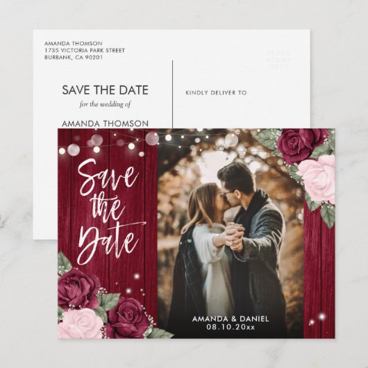 Burgundy Blush Rustic Wedding Photo Save the Date Aankondigingskaart (Voorkant / Achterkant)