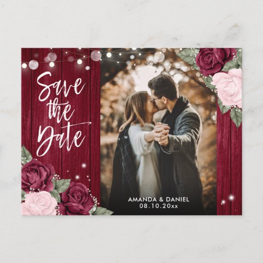 Burgundy Blush Rustic Wedding Photo Save the Date Aankondigingskaart (Voorkant)