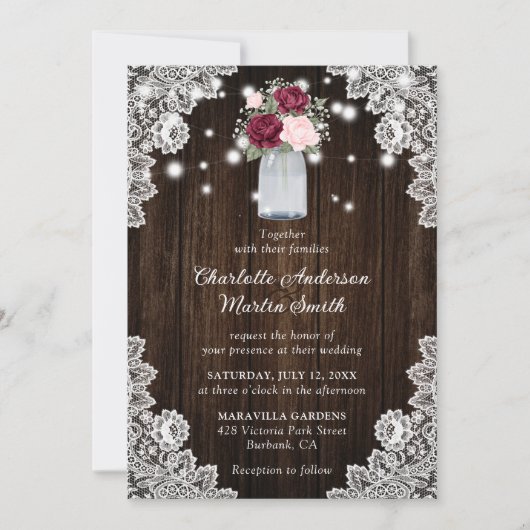 Burgundy Blush Rustic Wood Lace Floral Wedding Kaart (Voorkant)