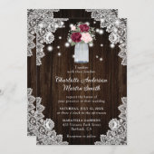 Burgundy Blush Rustic Wood Lace Floral Wedding Kaart (Voorkant / Achterkant)