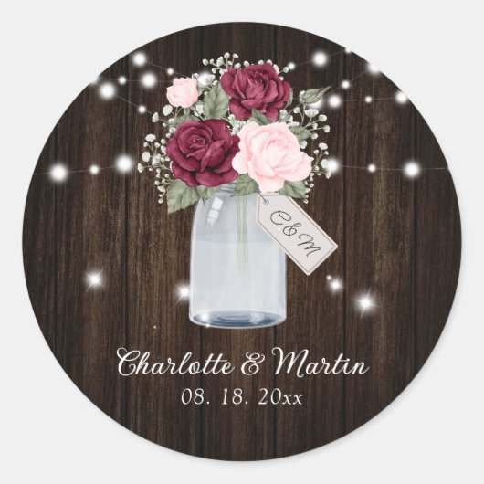 Burgundy Blush Rustic Wood Monogram Floral Weddens Ronde Sticker (Voorkant)
