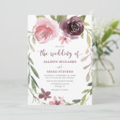 Burgundy blush rustige waterverf bruiloft kaart (Staand voorkant)