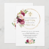 Burgundy Blush Saffron Floral Gold Cross Baptisme Kaart (Voorkant / Achterkant)
