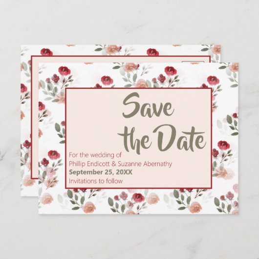 Burgundy Blush Sage Rozen Pattern Save the Date Aankondigingskaart (Voorkant / Achterkant)