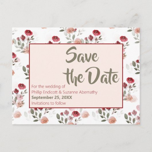 Burgundy Blush Sage Rozen Pattern Save the Date Aankondigingskaart (Voorkant)