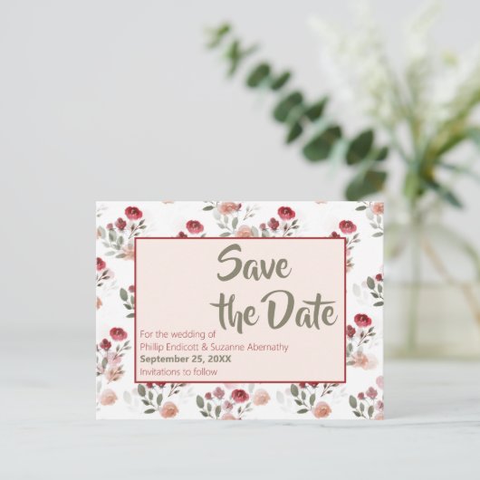 Burgundy Blush Sage Rozen Pattern Save the Date Aankondigingskaart (Staand voorkant)