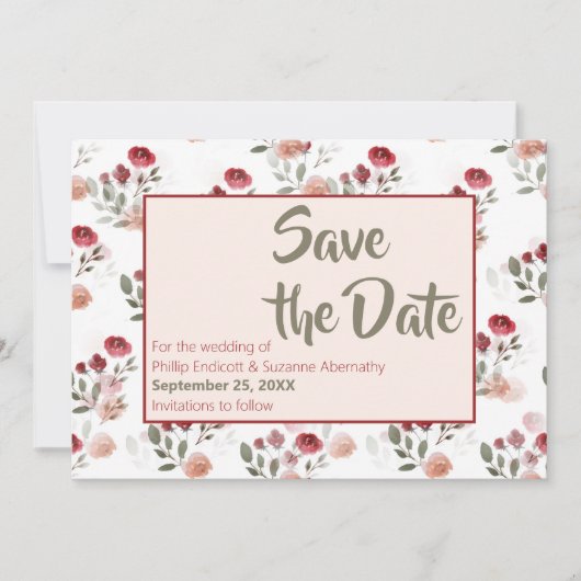 Burgundy Blush Sage Rozen Pattern Save the Date Kaart (Voorkant)