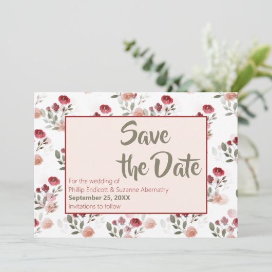 Burgundy Blush Sage Rozen Pattern Save the Date Kaart (Staand voorkant)